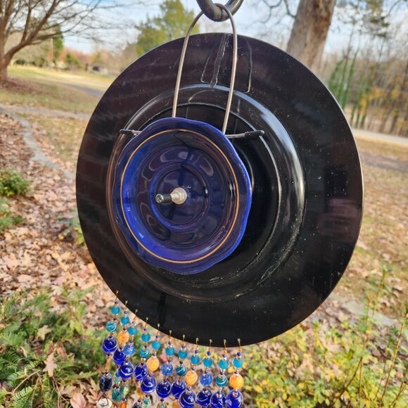 Blue Orange Plate Dish Flower Windchime SunCatcher Lampwork Beads Tin Bells - Picture 3 of 3